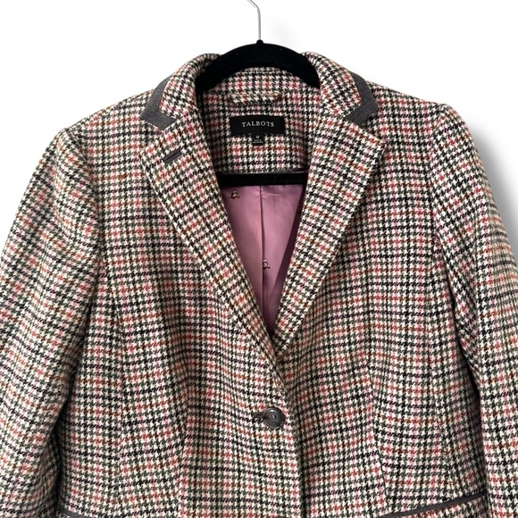 Talbots Beige/Pink Houndstooth Plaid Blazer Owl Print Office Academia Preppy 12 - Picture 2 of 10